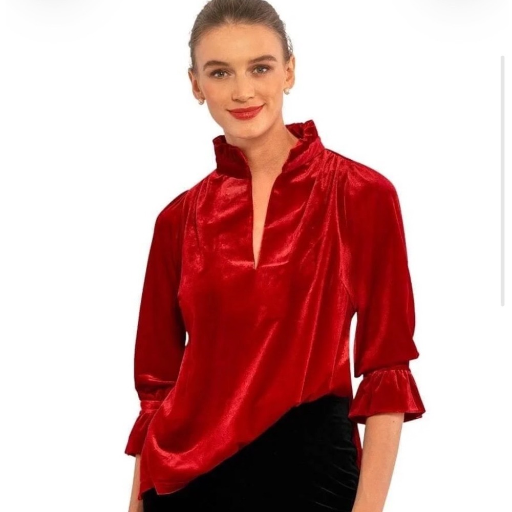 Gretchen Scott Velvet Blouse Women S Red Ruffle Neck 3/4 Sleeve